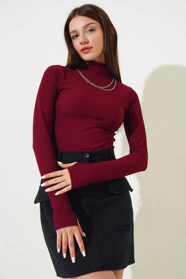 Yarım Boğazlı Fitilli Body Mürdüm - Yeni Giyim