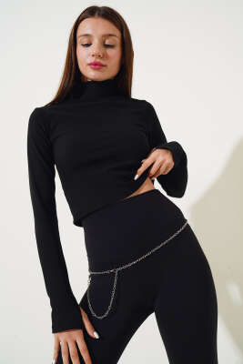 Yarım Boğazlı Fitilli Body Siyah 