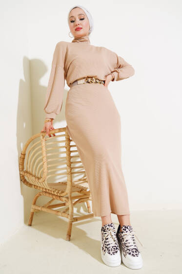 Yarım Boğazlı Fitilli Etekli Takım Bej - İkili Takım
