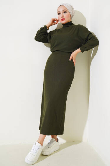 Yarım Boğazlı Fitilli Etekli Takım Haki - İkili Takım