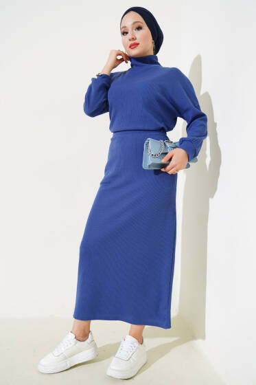 Yarım Boğazlı Fitilli Etekli Takım İndigo - İkili Takım