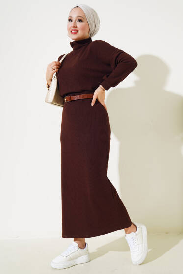 Yarım Boğazlı Fitilli Etekli Takım Kahve - İkili Takım