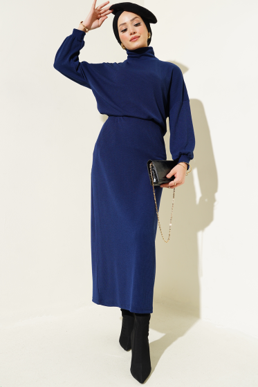 Yarım Boğazlı Fitilli Etekli Takım Lacivert - İkili Takım