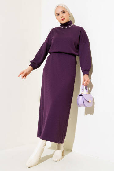 Yarım Boğazlı Fitilli Etekli Takım Mor - İkili Takım