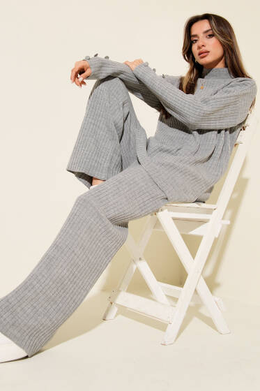 Yarım Boğazlı Fitilli Triko İkili Takım Gri - Kadın Giyim Modelleri