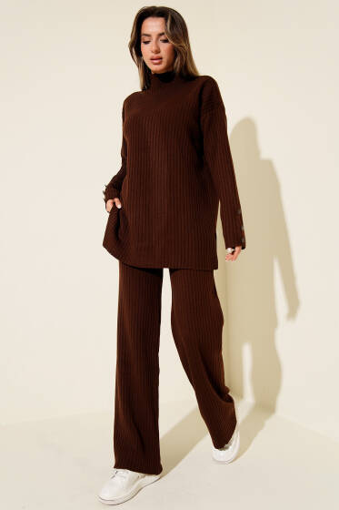 Yarım Boğazlı Fitilli Triko İkili Takım Kahve - Kadın Giyim Modelleri