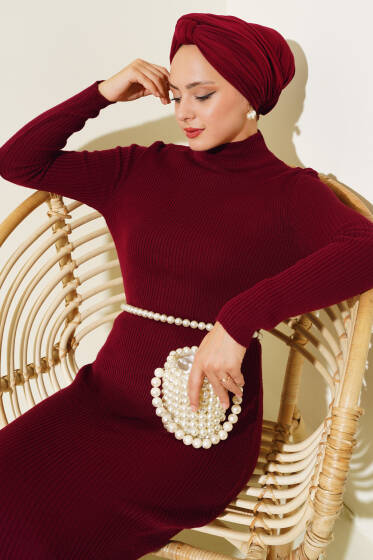 Yarım Boğazlı İnce Fitilli Triko Elbise Bordo - Elbise