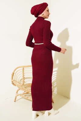 Yarım Boğazlı İnce Fitilli Triko Elbise Bordo - Tesettür Elbise