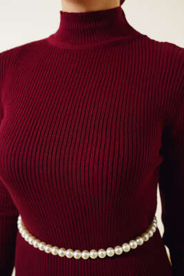 Yarım Boğazlı İnce Fitilli Triko Elbise Bordo - Tesettür Elbise