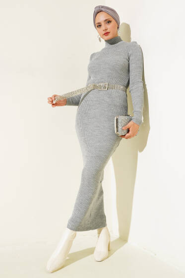 Yarım Boğazlı İnce Fitilli Triko Elbise Gri - Elbise