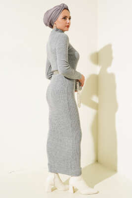 Yarım Boğazlı İnce Fitilli Triko Elbise Gri - Tesettür Elbise