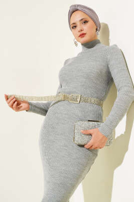 Yarım Boğazlı İnce Fitilli Triko Elbise Gri - Tesettür Elbise
