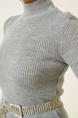 Yarım Boğazlı İnce Fitilli Triko Elbise Gri - Tesettür Elbise