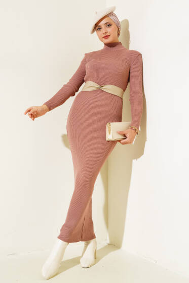 Yarım Boğazlı İnce Fitilli Triko Elbise Gül Kurusu - Elbise