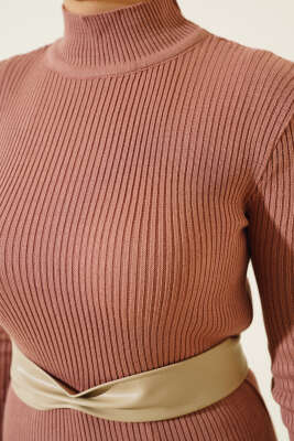 Yarım Boğazlı İnce Fitilli Triko Elbise Gül Kurusu - Tesettür Elbise