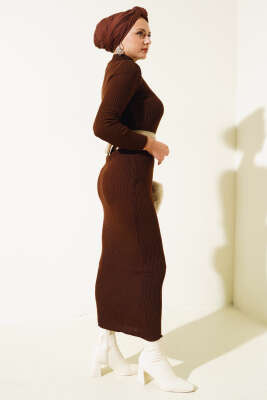 Yarım Boğazlı İnce Fitilli Triko Elbise Kahve - Tesettür Elbise