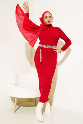 Yarım Boğazlı İnce Fitilli Triko Elbise Kırmızı - Tesettür Elbise