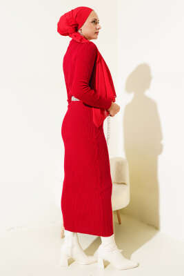 Yarım Boğazlı İnce Fitilli Triko Elbise Kırmızı - Tesettür Elbise