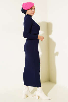 Yarım Boğazlı İnce Fitilli Triko Elbise Lacivert - Tesettür Elbise