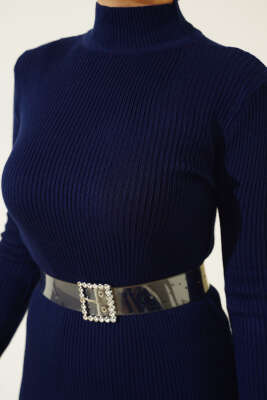 Yarım Boğazlı İnce Fitilli Triko Elbise Lacivert - Tesettür Elbise