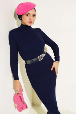 Yarım Boğazlı İnce Fitilli Triko Elbise Lacivert - Tesettür Elbise