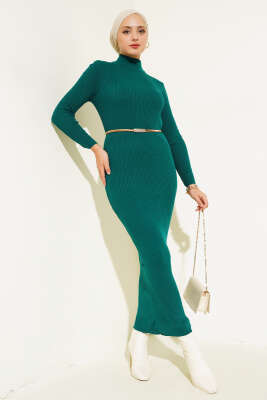 Yarım Boğazlı İnce Fitilli Triko Elbise Nefti - Tesettür Elbise