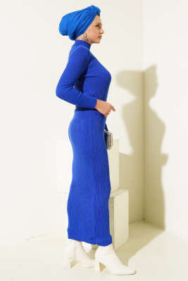 Yarım Boğazlı İnce Fitilli Triko Elbise Saks - Tesettür Elbise