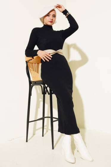 Yarım Boğazlı İnce Fitilli Triko Elbise Siyah - Elbise