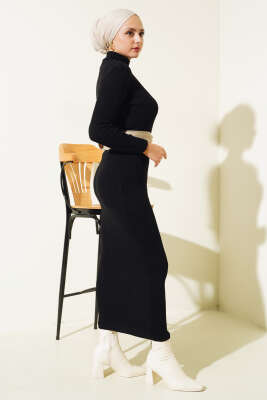 Yarım Boğazlı İnce Fitilli Triko Elbise Siyah - Tesettür Elbise