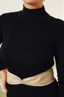 Yarım Boğazlı İnce Fitilli Triko Elbise Siyah - Tesettür Elbise