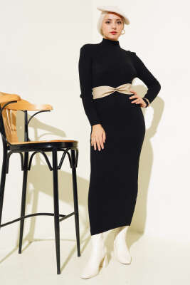 Yarım Boğazlı İnce Fitilli Triko Elbise Siyah - Tesettür Elbise