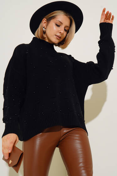 Yarım Boğazlı İncili Kısa Kazak Siyah - Kadın Giyim Modelleri