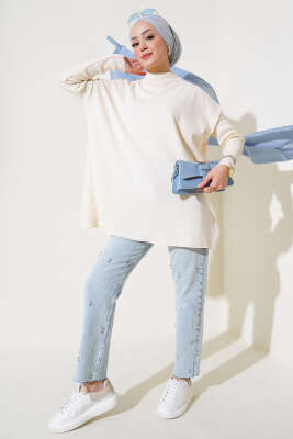 Yarım Boğazlı Kolu Fitilli Triko Tunik Bej - Triko Tunik