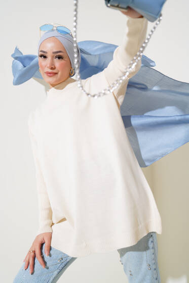 Yarım Boğazlı Kolu Fitilli Triko Tunik Bej - Tunik