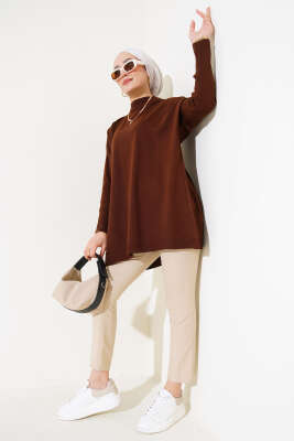 Yarım Boğazlı Kolu Fitilli Triko Tunik Kahve - Triko Tunik