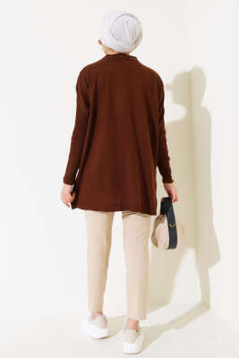 Yarım Boğazlı Kolu Fitilli Triko Tunik Kahve - Triko Tunik