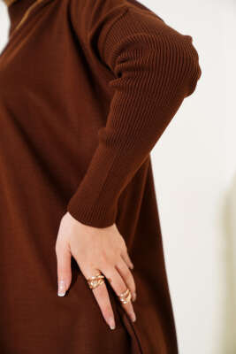 Yarım Boğazlı Kolu Fitilli Triko Tunik Kahve - Triko Tunik