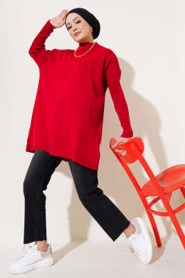 Yarım Boğazlı Kolu Fitilli Triko Tunik Kırmızı - Triko Tunik