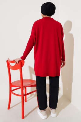 Yarım Boğazlı Kolu Fitilli Triko Tunik Kırmızı - Triko Tunik