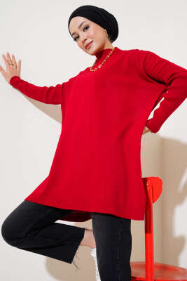 Yarım Boğazlı Kolu Fitilli Triko Tunik Kırmızı - Triko Tunik