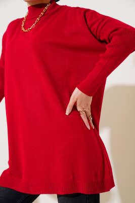 Yarım Boğazlı Kolu Fitilli Triko Tunik Kırmızı - Triko Tunik