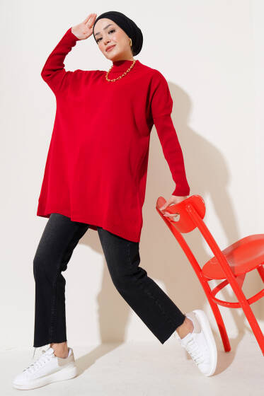Yarım Boğazlı Kolu Fitilli Triko Tunik Kırmızı - Tunik