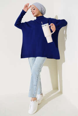 Yarım Boğazlı Kolu Fitilli Triko Tunik Lacivert - Triko Tunik