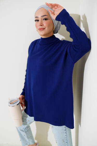 Yarım Boğazlı Kolu Fitilli Triko Tunik Lacivert - Tunik