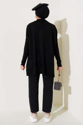 Yarım Boğazlı Kolu Fitilli Triko Tunik Siyah - Triko Tunik