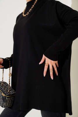 Yarım Boğazlı Kolu Fitilli Triko Tunik Siyah - Triko Tunik