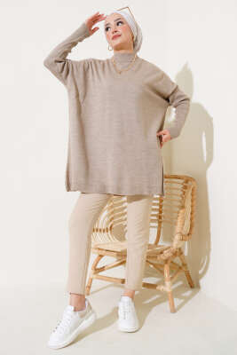 Yarım Boğazlı Kolu Fitilli Triko Tunik Vizon - Triko Tunik