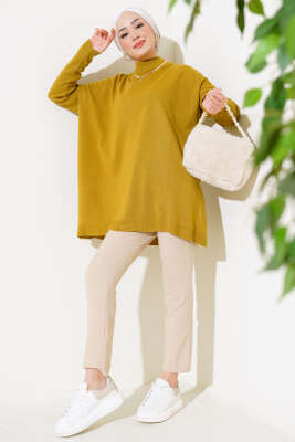 Yarım Boğazlı Kolu Fitilli Triko Tunik Yağ Yeşili - Triko Tunik