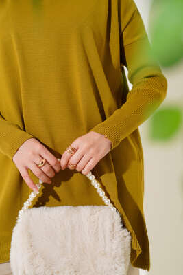 Yarım Boğazlı Kolu Fitilli Triko Tunik Yağ Yeşili - Triko Tunik