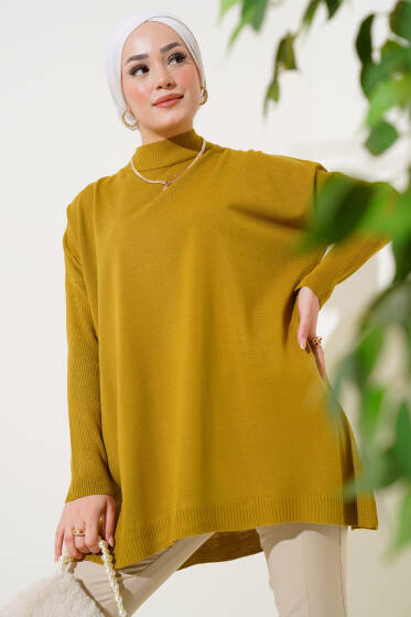 Yarım Boğazlı Kolu Fitilli Triko Tunik Yağ Yeşili - Tunik